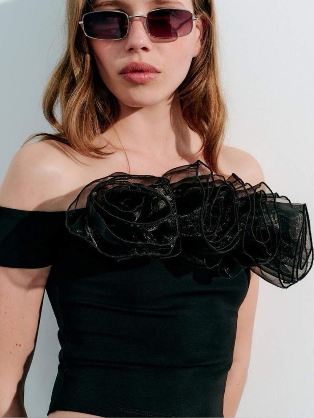 Zara floral organza crop top black